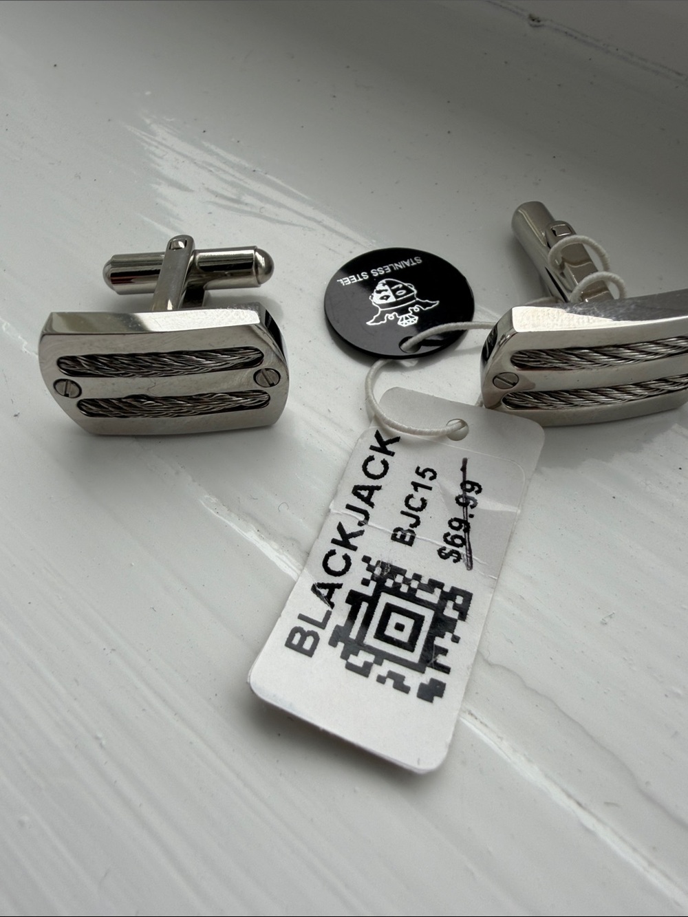 Blackjack Silver Stainless Steel Cufflinks with Cable Detail